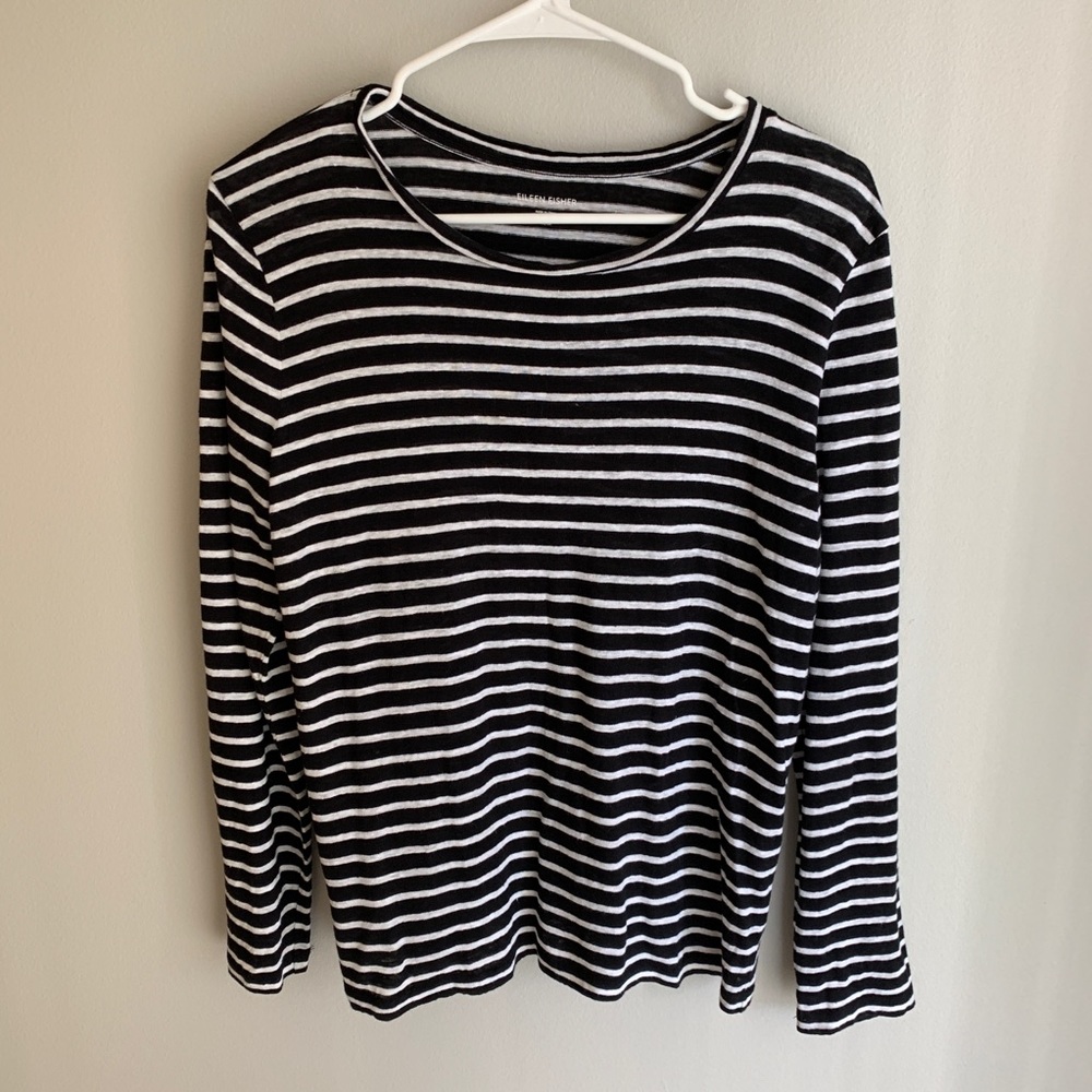 Eileen Fisher black and white striped linen tee